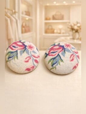 Vintage Fabric Pink Flowers Floral Large Big Clip on Earrings Round Circle